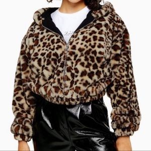 TopShop Vegan Fur Jacket Animal Leopard Print Long Sleeve Puffer Hoodie Cropped